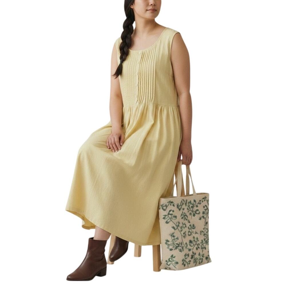 Vintage 00s Butter Yellow Cotton Maxi Dress Sleeveless Pockets Womens 2X